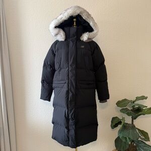 New Balance Women’s Duck Down Long Puffer Jacket Parka Fur Hood Black Small 85